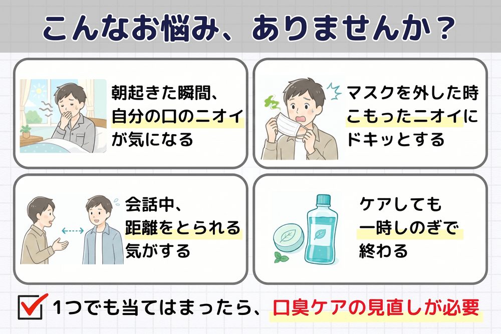 朝の口臭・マスクのニオイ・会話中の距離感・ミントやマウスウォッシュのその場しのぎ感などの悩みを示すイメージ