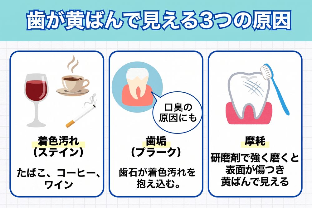 歯が黄ばんで見える3つの原因（着色汚れ・歯垢・摩耗）