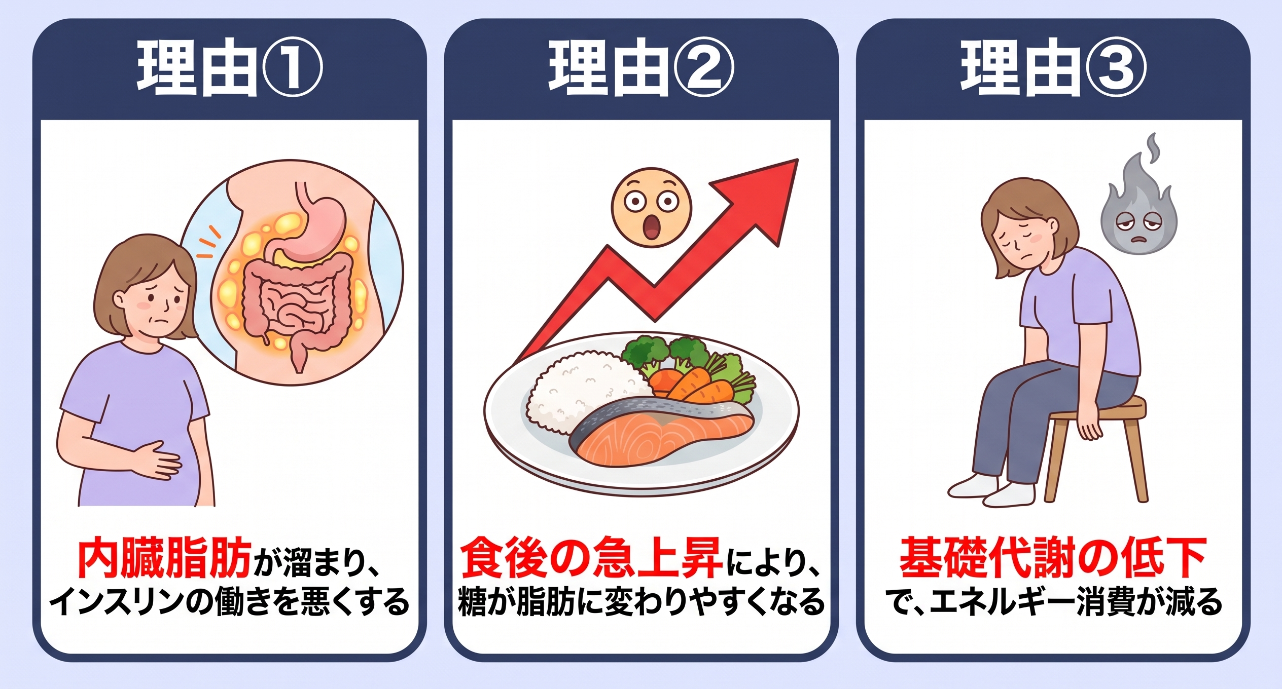 理由①内臓脂肪が溜まり、インスリンの働きを悪くする／理由②食後の急上昇により、糖が脂肪に変わりやすくなる／理由③基礎代謝の低下で、エネルギー消費が減る