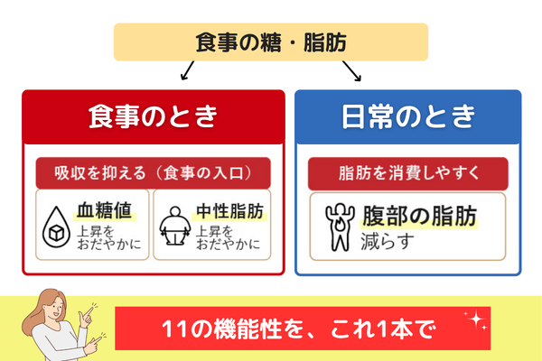 食事のときは糖・脂の吸収を抑え、日常のときはお腹の脂肪を減らす。11の機能をこれ1本で