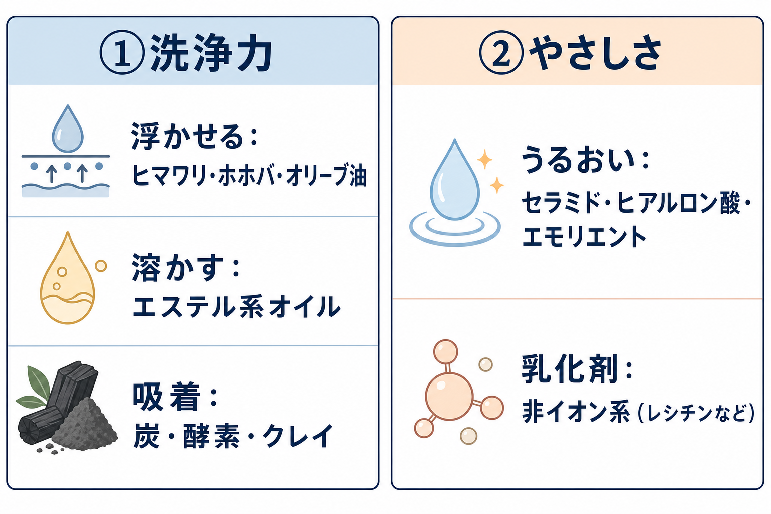 バーム選びのポイント（洗浄力：浮かせる・溶かす・吸着／やさしさ：うるおい・乳化剤）